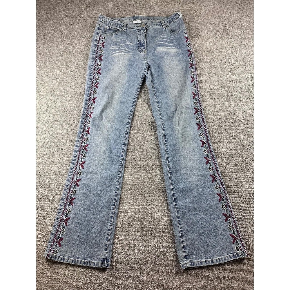 Y2K X-Mail Jeans Women 42 Blue Regular Embroidered Ramie Cotton Blend Floral